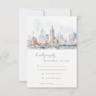 Cartão RSVP Casamento Paisagem Aquarela Detroit Michigan