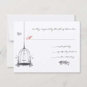 Cartão RSVP Casamento Pássaros do Amor Antigos Acento Vermelho