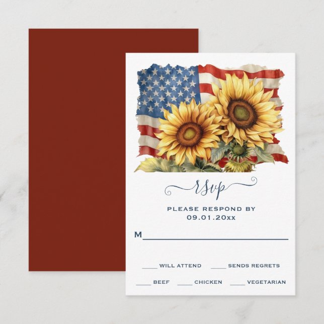 Cartão RSVP Casamento Patriótico Americano de Bandeira Sunflow (Frente/Verso)