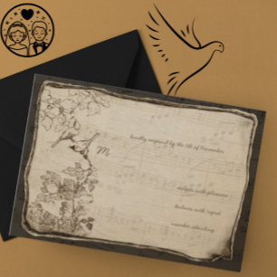 Cartão RSVP Casamento Pergaminho Envelhecido Aves Vintage