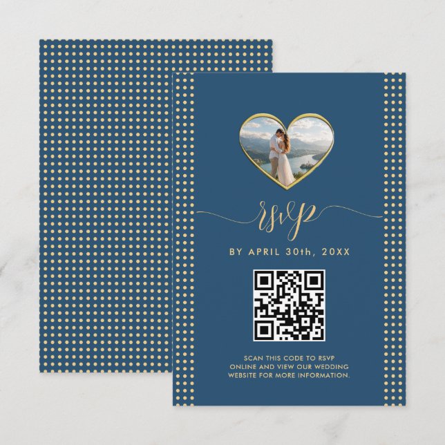 Cartão RSVP Casamento personalizado com bolinhas douradas e az (Frente/Verso)