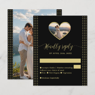 Cartão RSVP Casamento Personalizado com Bolinhas Preto e Doura