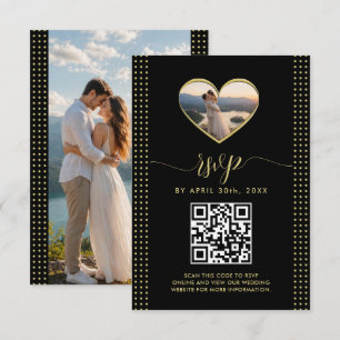 Cartão RSVP Casamento Personalizado com Bolinhas Preto e Doura