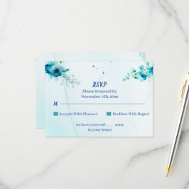 Cartão RSVP Casamento Personalizado de Flor Azul Elegante