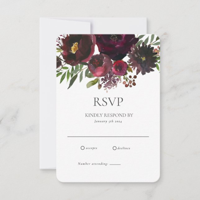 Cartão RSVP Casamento Personalizado Floral Botânico Vermelho B (Frente)