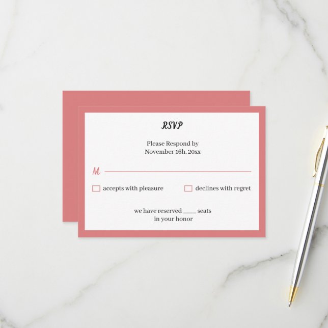 Cartão RSVP Casamento personalizado simples de Rosa (Frente/Verso In Situ)