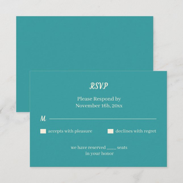 Cartão RSVP Casamento Personalizado Simples de Teal (Frente/Verso)