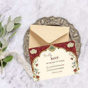 Cartão RSVP Casamento Pichwai com Lótus e Pavão Indiano