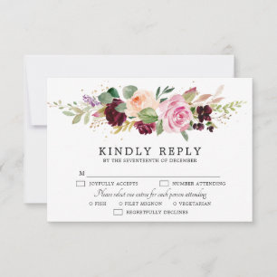 Cartão RSVP Casamento Plum Purple Blush Botânico De Cor Rosa