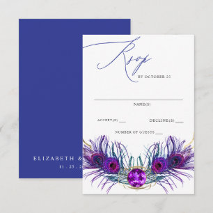 Cartão RSVP Casamento Pluma de Pavão Azul Roxo Dourado Brilhan