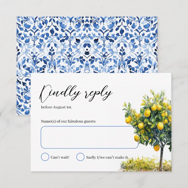 Cartão RSVP Casamento por Aquarela de Limão, Azulejos Italiano (Frente/Verso)
