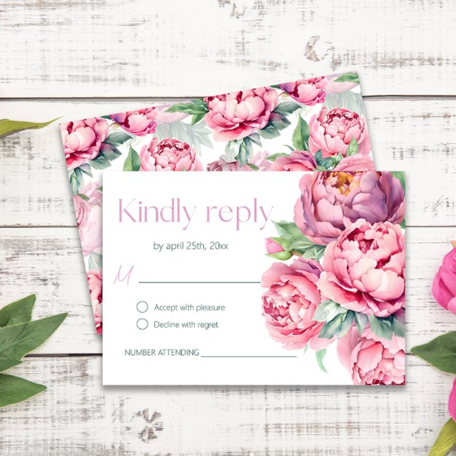 Cartão RSVP Casamento por Aquarela de Peônias Rosa Escamosas (Criador carregado)