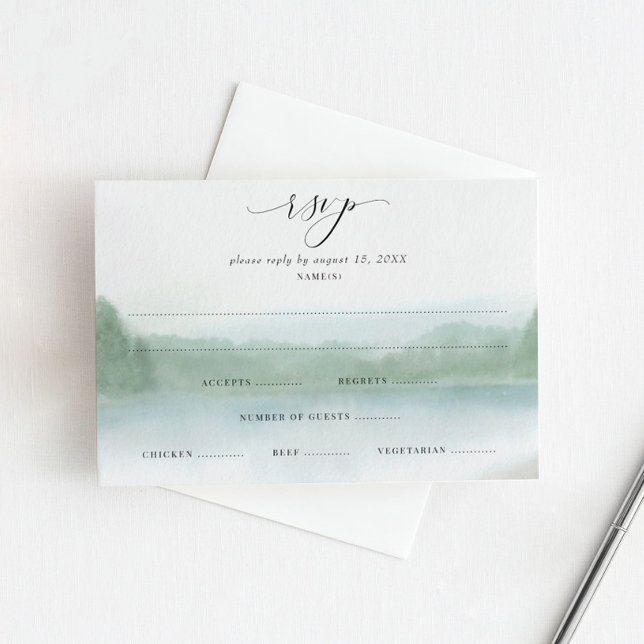 Cartão RSVP Casamento por Aquarela Elegante em Lago e Árvores  (Criador carregado)