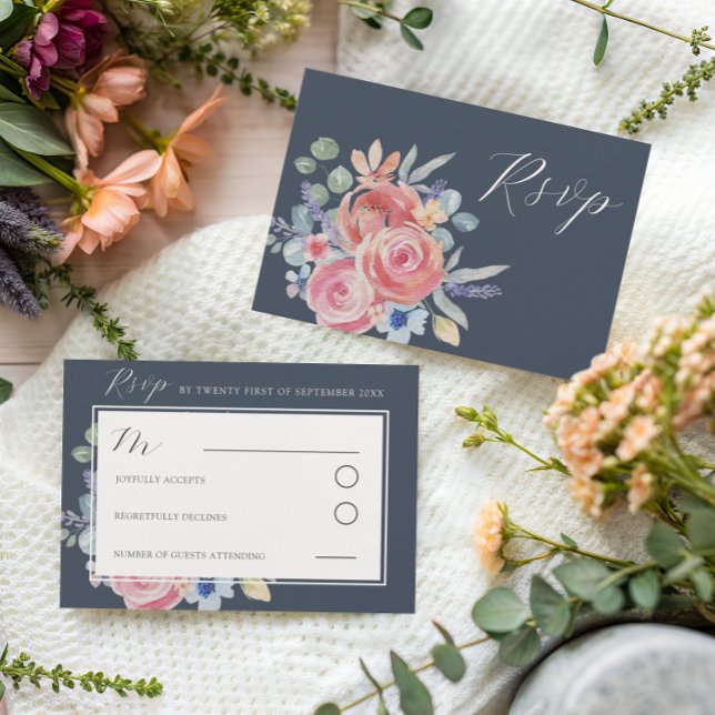 Cartão RSVP Casamento por Aquarela Floral Rosa Azul Moderno Es (Criador carregado)