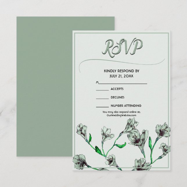 Cartão RSVP Casamento por Aquarela Floral Verde Sage (Frente/Verso)