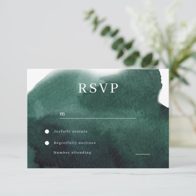Cartão RSVP Casamento por Aquarela Verde Moderno Emerald (Em pé/Frente)