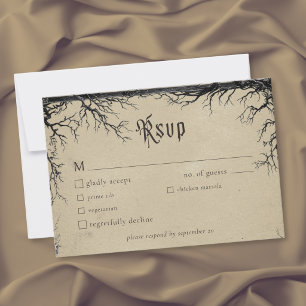 Cartão RSVP Casamento Preto Bege com Gravação de Árvore de Cor