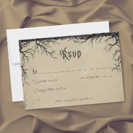 Cartão RSVP Casamento Preto Bege com Gravação de Árvore de Cor