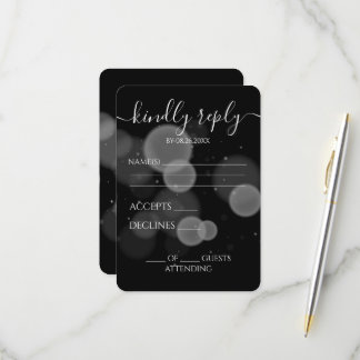Cartão RSVP Casamento Preto Bokeh Grande e Ousado Personalizad