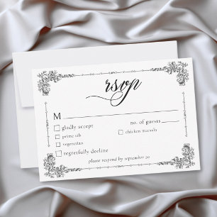 Cartão RSVP Casamento Preto Branco Barroco Vintage Elegante