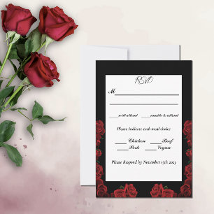 Cartão RSVP Casamento Preto Branco da Rosa vermelha