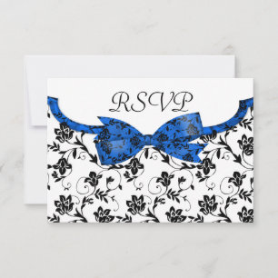 Cartão RSVP Casamento preto branco e azul Satin Floral