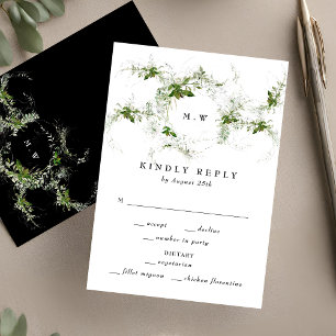 Cartão RSVP Casamento preto branco Eucalyptus Wreath Monograma
