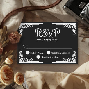 Cartão RSVP Casamento Preto Branco Vintage