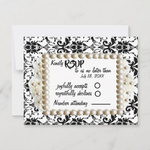 Cartão RSVP Casamento Preto Chic $ Damask Pearl Branco