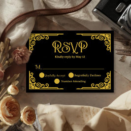 Cartão RSVP Casamento Preto Dourado Vintage