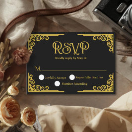 Cartão RSVP Casamento Preto Dourado Vintage 