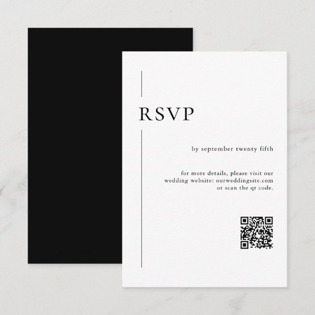 Cartão RSVP Casamento preto e branco com código QR moderno ele (Frente/Verso)