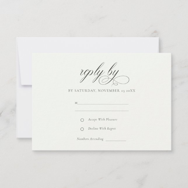 Cartão RSVP Casamento preto e branco com script Elegante simpl (Frente)