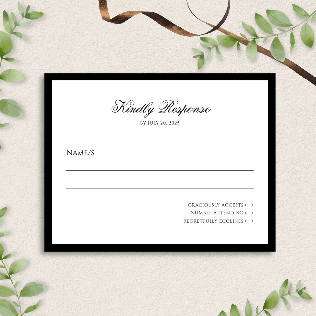 Cartão RSVP Casamento preto e branco com Script Minimalista Cl (Criador carregado)