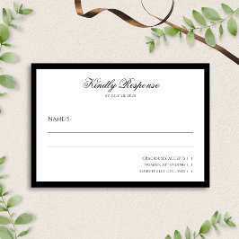 Cartão RSVP Casamento Preto e Branco com Script Minimalista Fo