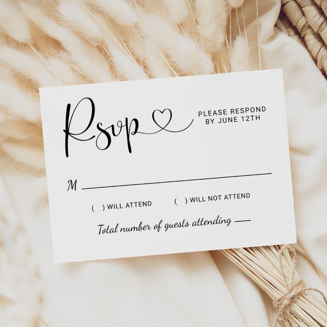 Cartão RSVP Casamento Preto e Branco Coração Script (Criador carregado)