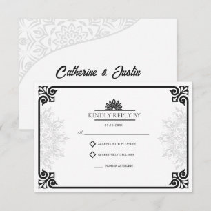 Cartão RSVP Casamento Preto e Branco em Deco de Arte Moderna