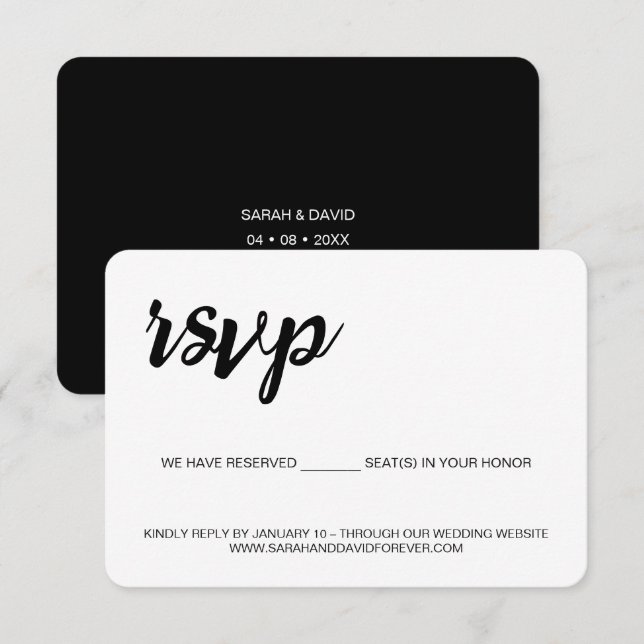 Cartão RSVP Casamento preto e branco lugares reservados site d (Frente/Verso)