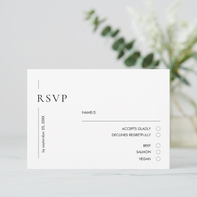 Cartão RSVP Casamento preto e branco mínimo legante (Em pé/Frente)