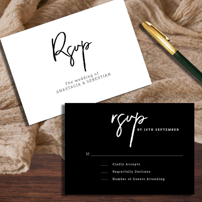 Cartão RSVP Casamento preto e branco moderno com script mínimo (Minimal Script Modern Black and White Wedding RSVP Card)