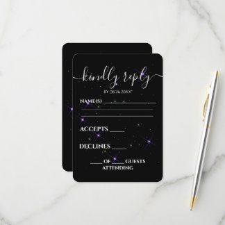 Cartão RSVP Casamento Preto Estrelas Roxas Personalizadas
