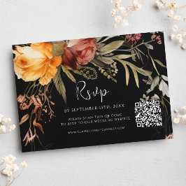 Cartão RSVP Casamento Preto Floral do Código QR Elegante