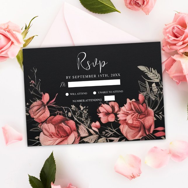 Cartão RSVP Casamento Preto Floral Simples e Gótico (Unique Moody Gothic Floral Black Wedding RSVP Card)
