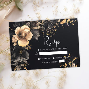 Cartão RSVP Casamento Preto-Gótico Floral Moody Dark