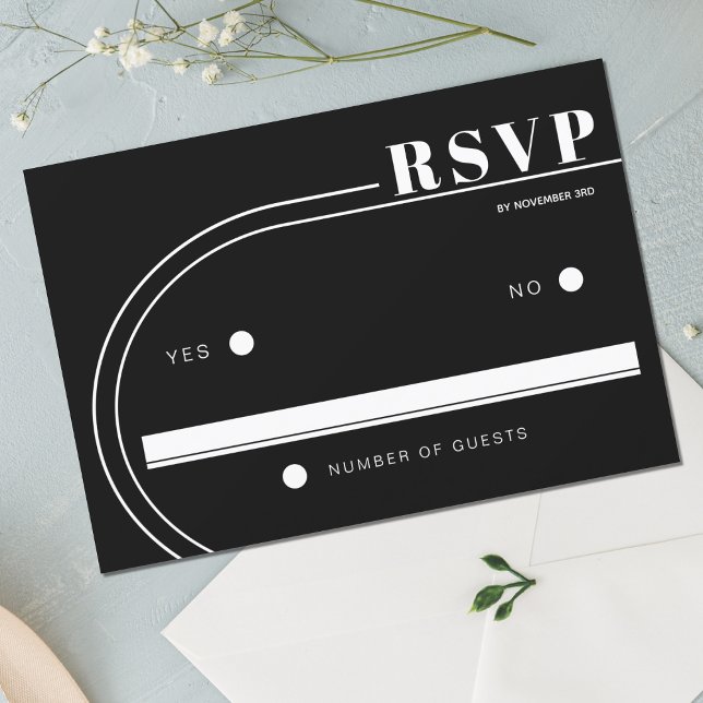 Cartão RSVP Casamento preto minimalista de moldura branca (Criador carregado)