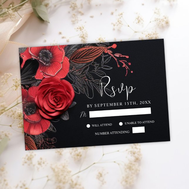 Cartão RSVP Casamento Preto Moody Gótico Escuro Floral (Black Moody Gothic Floral Dark Wedding RSVP Card)