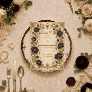 Cartão RSVP Casamento Preto Peônia Temperamental