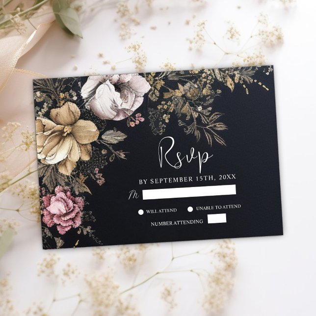 Cartão RSVP Casamento Preto Único Gótico Floral Escuro (Gothic Floral Dark Unique Black Wedding RSVP Card)