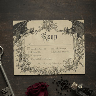 Cartão RSVP Casamento Preto Vintage Gótico Toile Bege