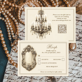 Cartão RSVP Casamento QR Code Antigo Dourado Marfim Atemporal